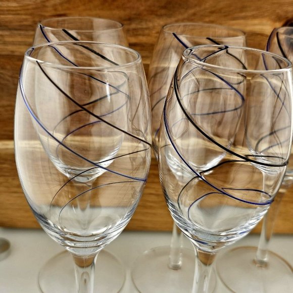 6) Fused Glass Swirl Delicate Double Line Champagne Flutes 8" Glasses blue black - Picture 2 of 11
